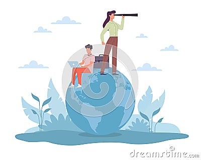 International global business opportunities. Man with laptop working, woman looking in future standing on earth Vector Illustration
