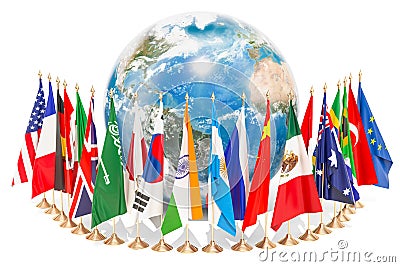 International global communication concept with flags around the Stock Photo