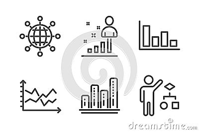 International globe, Histogram and Diagram chart icons set. Graph chart, Stats and Algorithm signs. Vector Vector Illustration