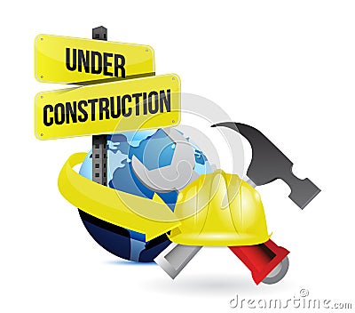 International globe under construction sign Cartoon Illustration