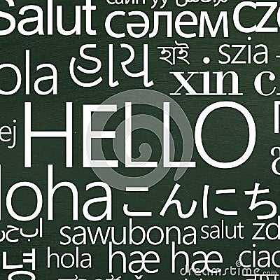 Word Hello in different languages for school advertisement Stock Photo