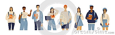 International group of students with laptop, books, backpacks. Fashionable college youth. A group of girls and guys are Vector Illustration