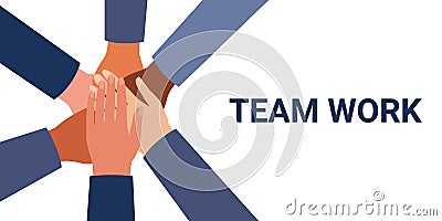 International hands of people folded in center together, unity group symbol, teamwork, work partnership. Top view of Vector Illustration