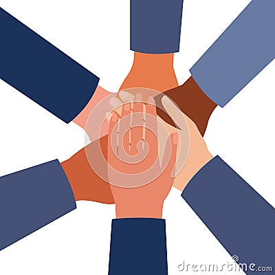 International hands of people folded in center together, unity group symbol, teamwork, work partnership. Top view of Vector Illustration