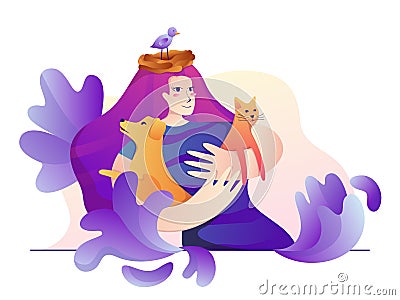 International homeless animals day concept with a kind girl. Vector Illustration