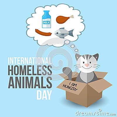 International homeless animals day. cute cartoon kitten in a box Cats rescue, protection, adoption concept. Vector Illustration