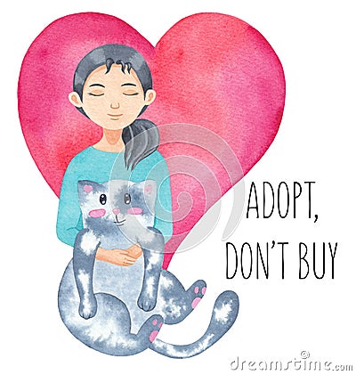 International homeless animals day. Girl hugging cute cat. Adopt a pet. Adopt, don`t buy. Watercolour illustration Cartoon Illustration