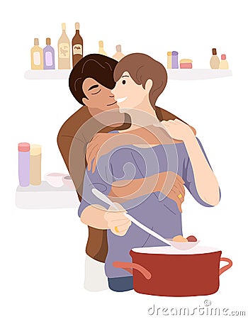 An international homosexual couple is cooking in the kitchen together. Interracial gay marriage. Happy LGBT newlyweds Vector Illustration