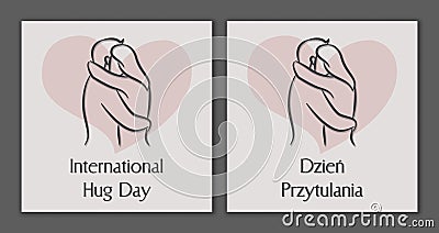 International hugging day. Hug day. Hugging couple outline. Polish and english. Stock Photo