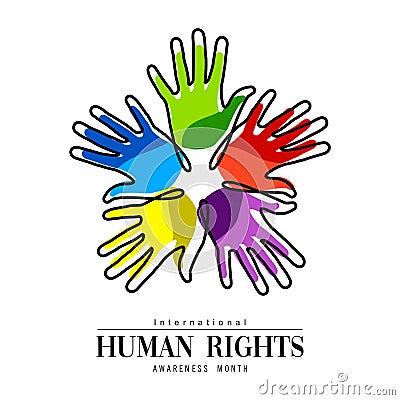 Human Rights Month card of diverse people hands Vector Illustration