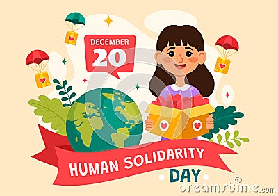 International Human Solidarity Day Vector Illustration on December 20 with Earth, Hands and Love for People Help Person Vector Illustration