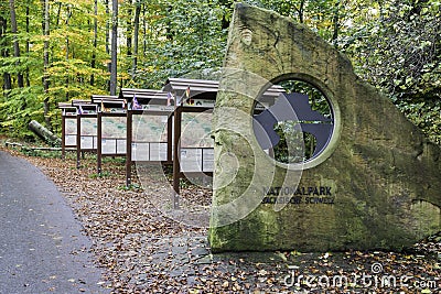 International information boards at the entrance of the bastei bridge to the national park in Saxon Switzerland. Editorial Stock Photo