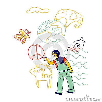 International Kids Day or Peace Day Concept. Little Dark Skin Girl Drawing Peace Symbol, Animals and Earth Vector Illustration