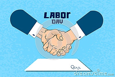 International Labor Day, Handshake Businessman Contract Sign Up Paper Document Vector Illustration