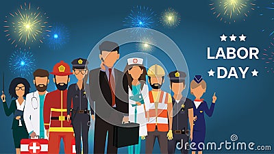 International Labor Day. People Group Different Occupation Set. Stewardess, Fireman, Police, Doctor, Nurse, Builder, Teacher. Vector Illustration