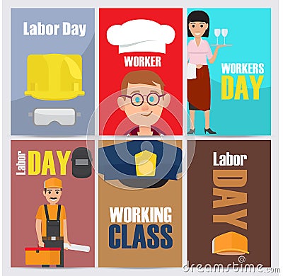 International Labor Day Themed Illustrations Set Vector Illustration