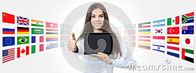 International language school concept smiling woman with like th Stock Photo