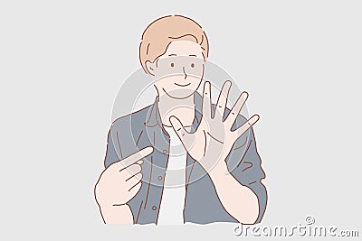 International Lefthanders Day concept. Man showing his five fingers. Vector Illustration