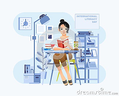 International literacy day banner with young women sit on chair and reading book on desk in the office room vector illustration Vector Illustration