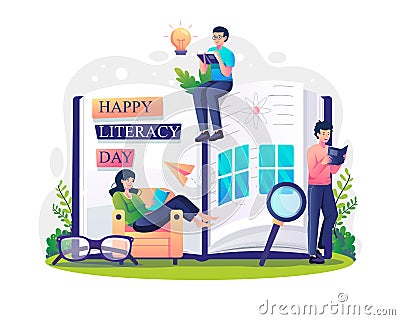 International Literacy day concept with People relaxing while reading books. Vector illustration Vector Illustration