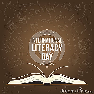 International Literacy Day post. 15th September Education concept vector illustration. Pile of books in colorful background Vector Illustration