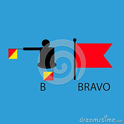 International marine signal flag, sea alphabet , vector illustration, semaphore, communication, bravo. Cartoon Illustration