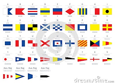 International maritime signal nautical flags, morse alphabet isolated on white background Vector Illustration