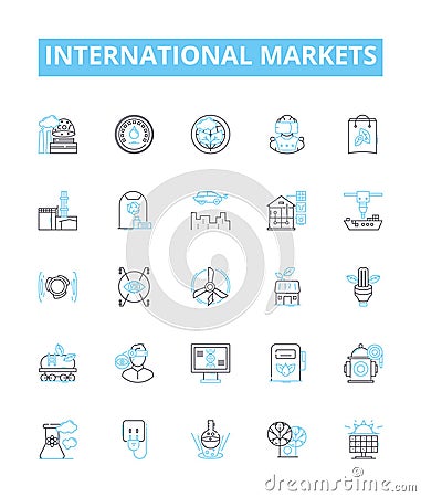 International markets vector line icons set. Global, Overseas, Markets, Commerce, Exchange, Economy, International Vector Illustration