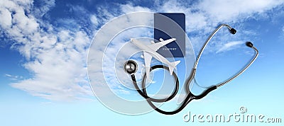 International medical travel insurance concept, stethoscope, passport and airplane in blue sky background Stock Photo