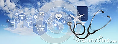 International medical travel insurance concept, stethoscope, passport and airplane, with icons and symbols isolated on white Stock Photo