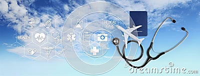 International medical travel insurance concept, stethoscope, passport and airplane, with icons and symbols isolated on white Stock Photo