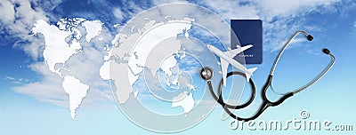 International medical travel insurance concept,stethoscope, passport and airplane on sky background with global map Stock Photo