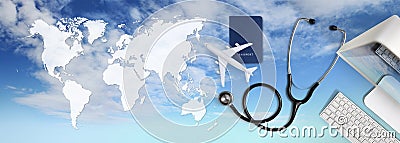 International medical travel insurance concept,stethoscope, passport, computer and airplane in sky background with global map Stock Photo