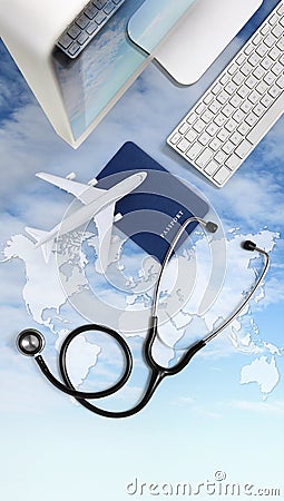 International medical travel insurance concept,stethoscope, passport, computer and airplane in sky background with global map Stock Photo