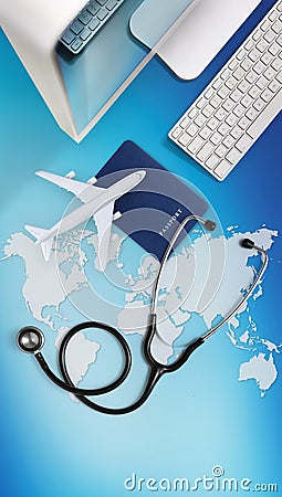 International medical travel insurance concept,stethoscope, passport, computer and airplane on sky background with global map Stock Photo