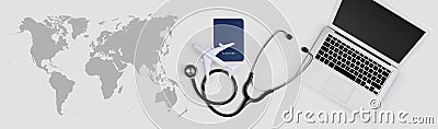 International medical travel insurance concept, stethoscope, passport, laptop computer and airplane on desk office banner with Stock Photo