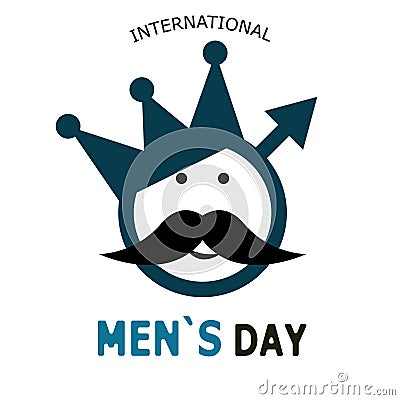 International Men`s Day. Banner in the form of a symbol of a man with a crown, mustache and eyes. Vector illustration. Stock Photo