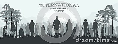 International Migrants Day 18 December. Web Banner with Silhouettes of Refugee in Forest Stock Photo