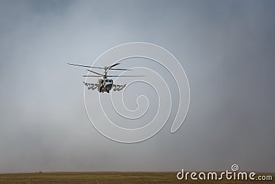 International military technical forum ARMY-2018. Attack helicopter Ka-52 Alligator, the flying tank, flies above the ground Editorial Stock Photo