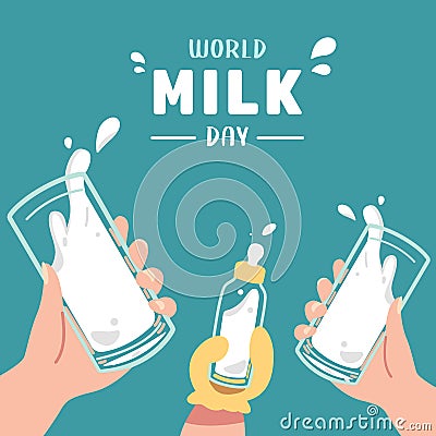 International Milk Day celebration. A group of adult, teen, children, baby hands drink a toast together concept. A lot of splash Vector Illustration