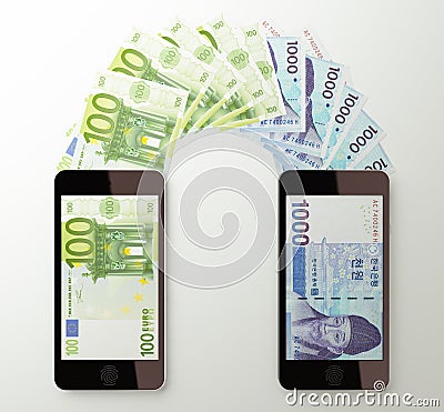 International mobile money transfer, Euro to Korean won Cartoon Illustration
