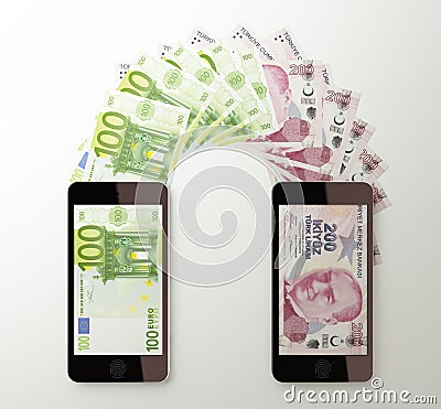 International mobile money transfer, Euro to Turkish lira Cartoon Illustration