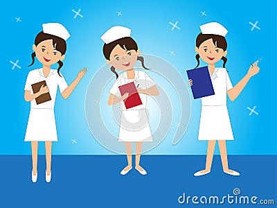 Lovely young nurse has 3 different chapters. She looks after the patients. And people coming to medical services Vector Illustration