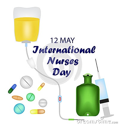 International Nurses Day. 12 May. Tablets, medications, syringe, warmer, enema. Vector illustration. Vector Illustration