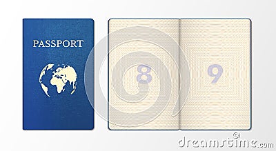 International passport realistic template sample. Front side blue cover page of document Cartoon Illustration