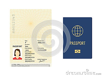 International passport template. Closed and open document for travel, identity pages with female photo, sample data and Vector Illustration