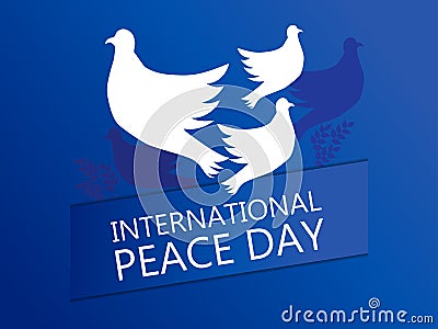 International Peace Day. Greeting card with flying doves on a blue gradient background. Vector Vector Illustration