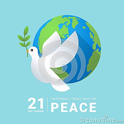 International peace day white dove with leaf and earth world on soft blue background Vector Illustration