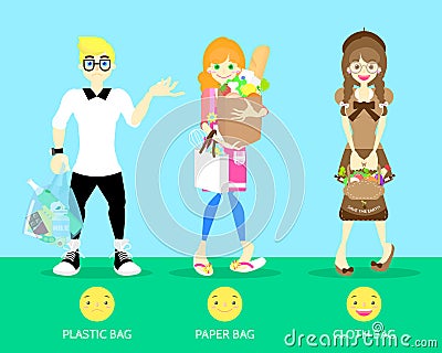 International plastic bag free day, nature earth day with man and woman holding plastic bag, paper bag, cloth bag, save world Vector Illustration