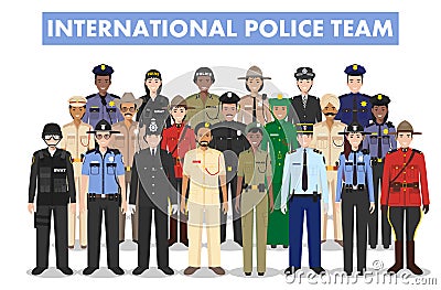 International police people concept. Detailed illustration of SWAT officer, policeman, policewoman and sheriff in flat Vector Illustration